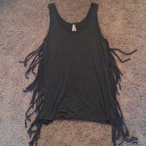 Gray tank top with fringe on the sides